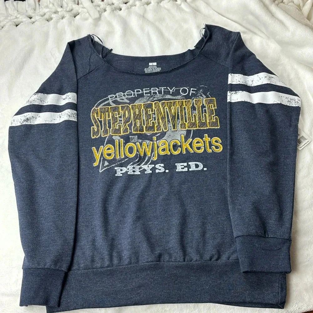 Stephenville Yellowjackets Women's Blue Long Sleeve Raw Scoop Neck Shirt L NWT‎
